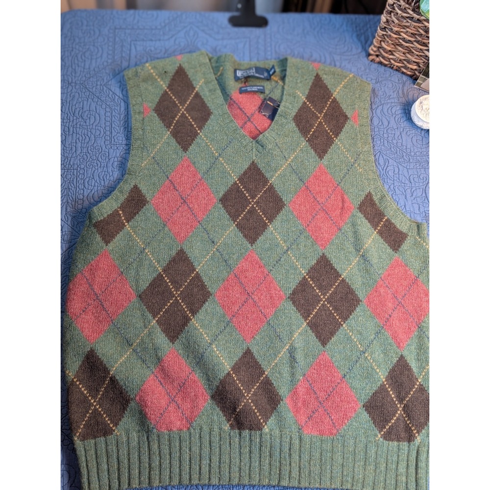NWT Polo Ralph Lauren Argyle Sweater Vest Green Wool XXL Vintage Deadstock Flaw
